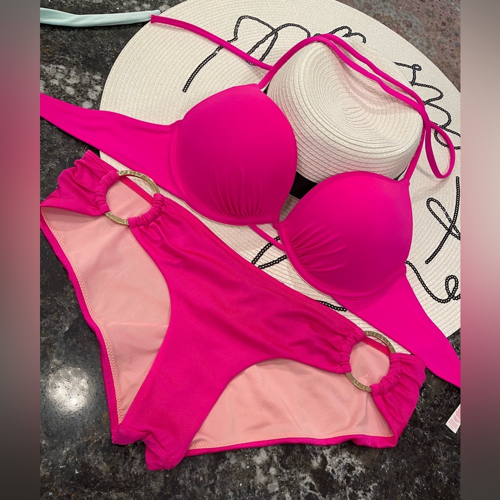 Victoria’s secret’s bikini bombshell lotus pink 34A and M bottoms